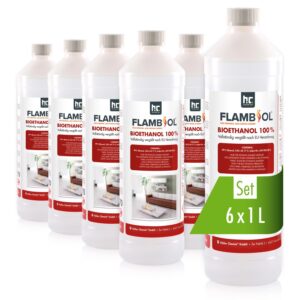 Flambiol Bioethanol Hochrein 100% in Flaschen für Edelstahl-Tisch-Kamine 6 x 1l